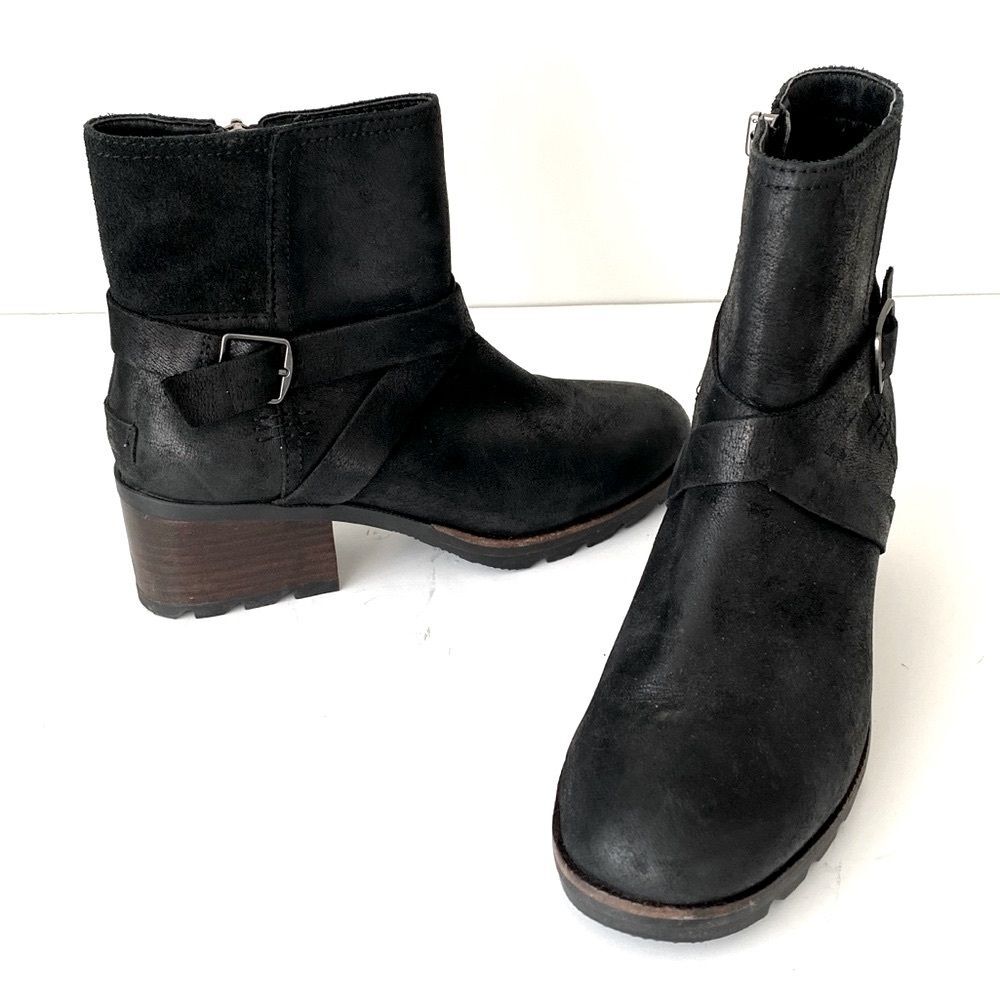Sorel Cate Buckle Bootie Women's Sz 7 Black Leather Ankle Waterproof Minimal